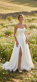 Abito da Sposa in Raso Senza Spalline con Spacco e Strascico