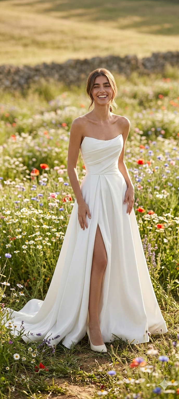 Abito da Sposa in Raso Senza Spalline con Spacco e Strascico
