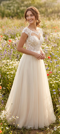 Abito da Sposa Bohemien in Tulle Avorio con Bustino in Pizzo