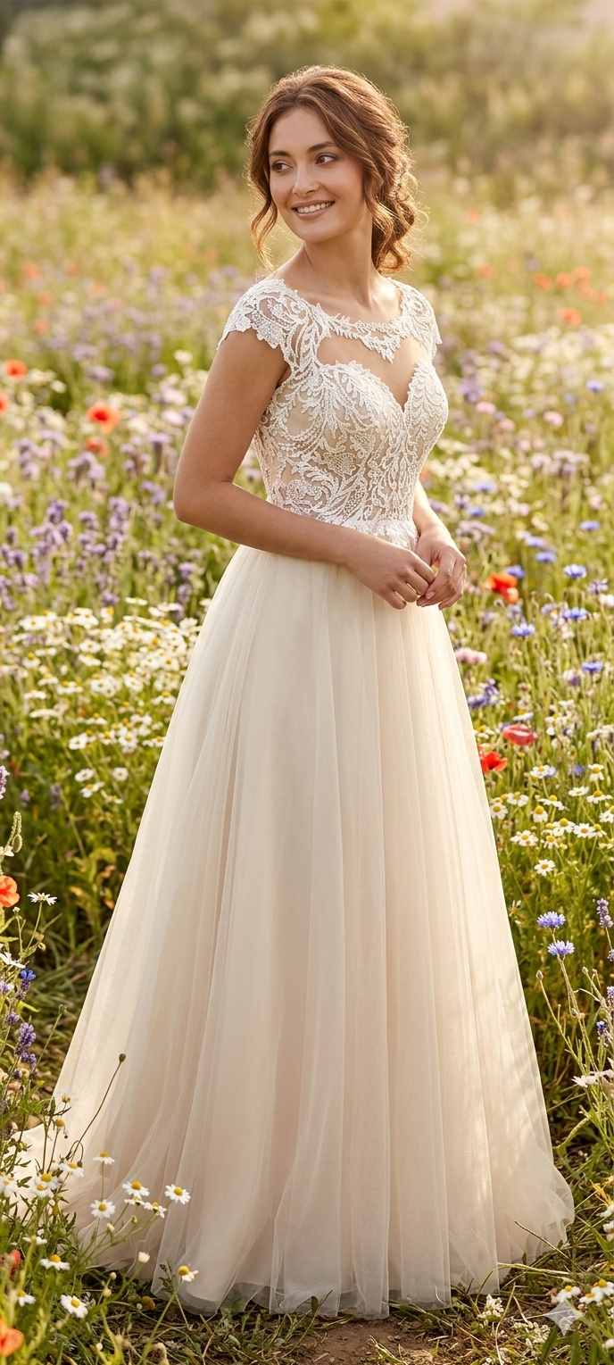 Abito da Sposa Bohemien in Tulle Avorio con Bustino in Pizzo