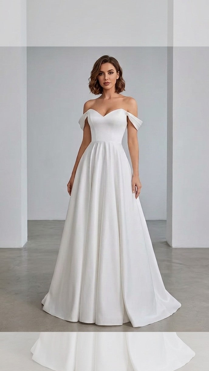 Abito da Sposa Trapezio in Raso con Spalline Scese e Corpetto a Cuore