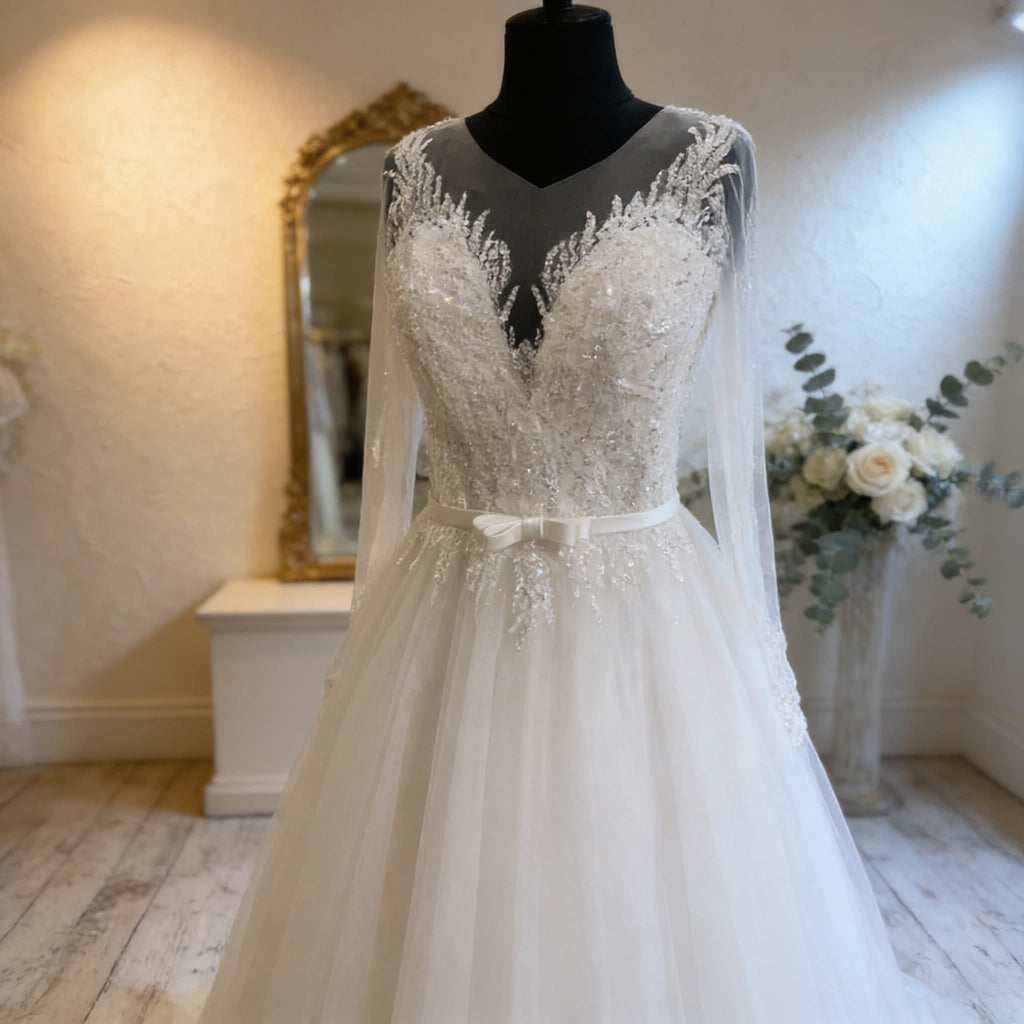 Abito da sposa in tulle glitterato tg.46 - Pizzo floreale e maniche trasparenti