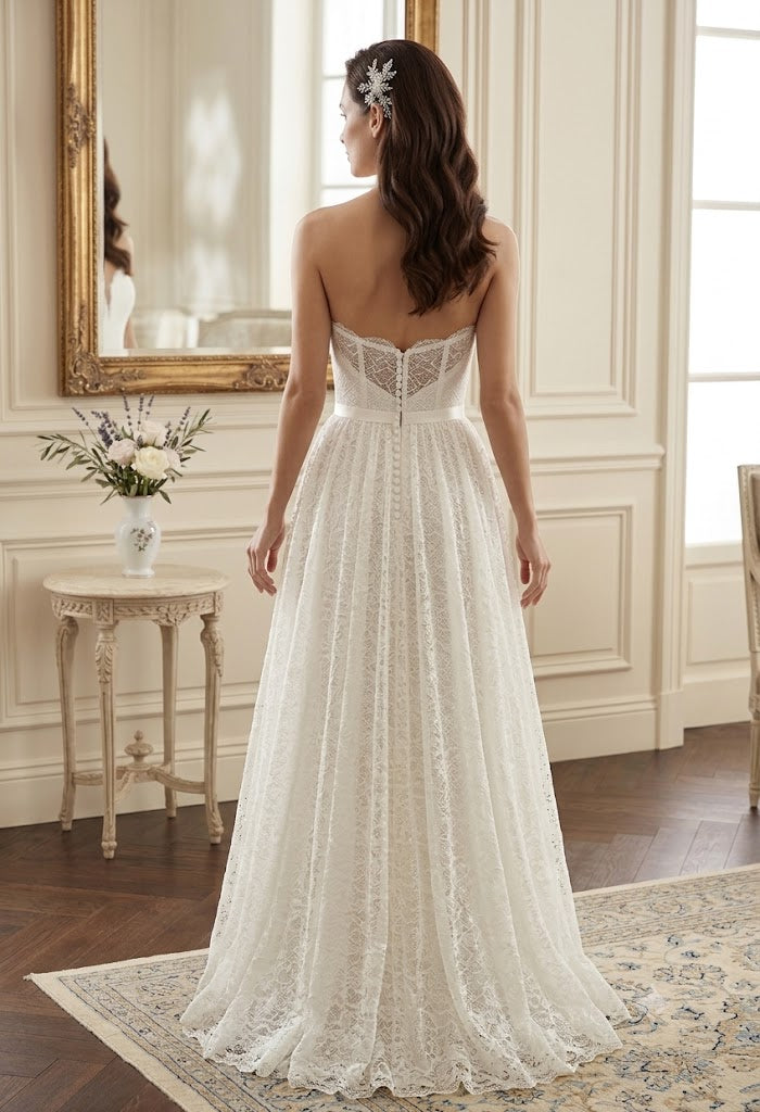 Abito da sposa modello Daisy in pizzo avorio stile bohémien - vista frontale scollatura a cuore