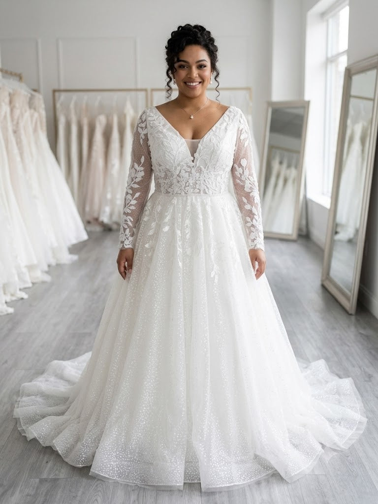 Abito da sposa modello Lorely curvy - vista frontale bustino steccato e maniche lunghe