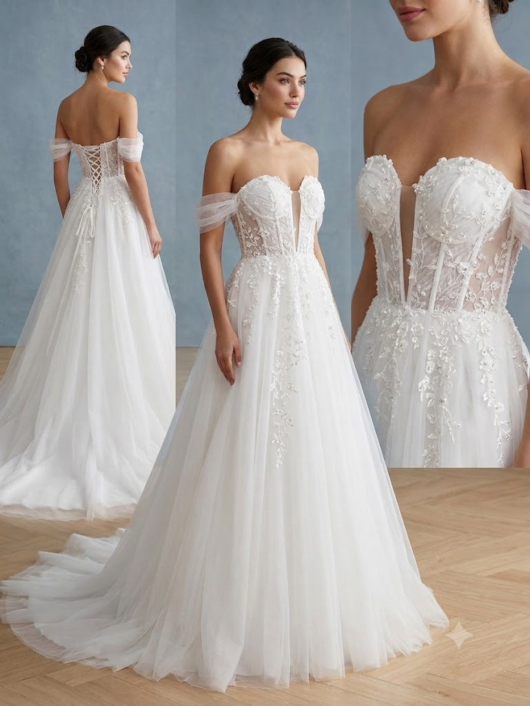 Abito da sposa modello Lucrezia in tulle bianco - vista frontale bustino steccato