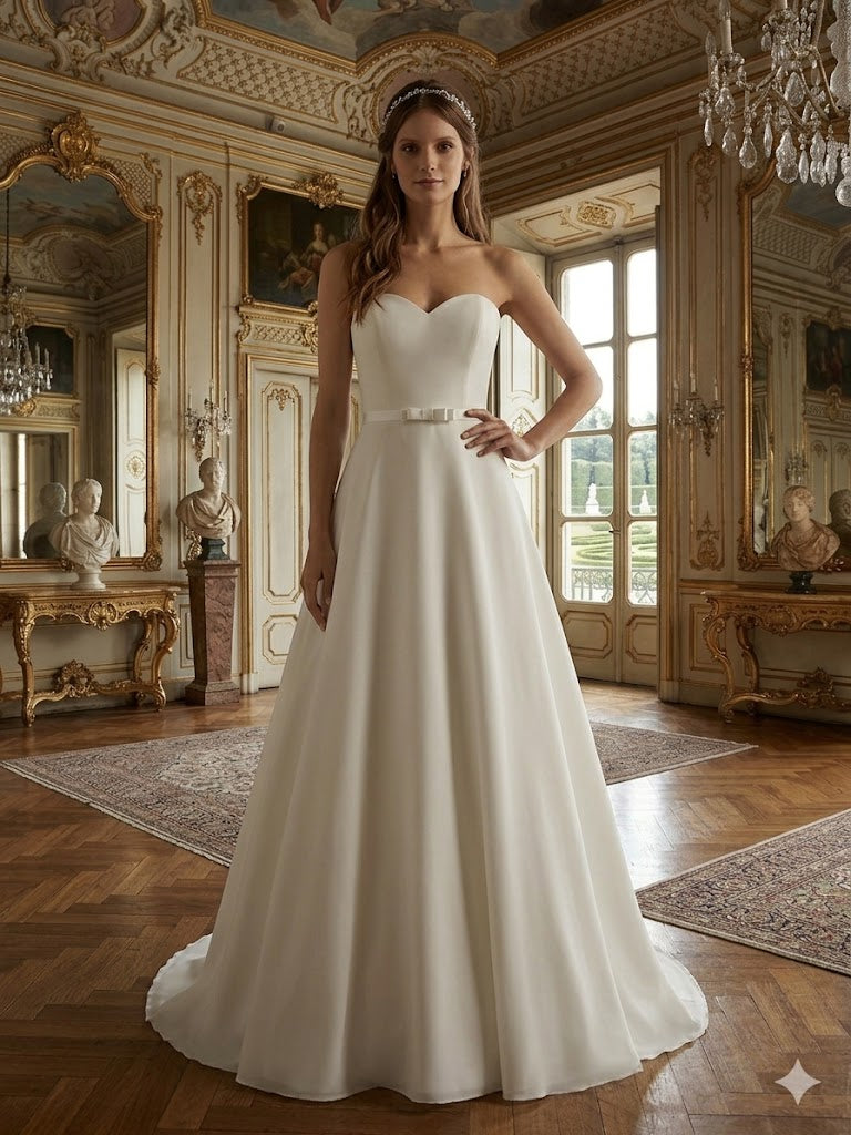 Abito da sposa modello Lucy in chiffon panna - vista frontale scollatura a cuore