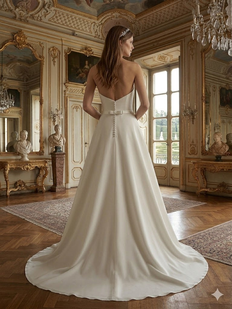 Abito da sposa modello Lucy in chiffon panna - vista posteriore con strascico