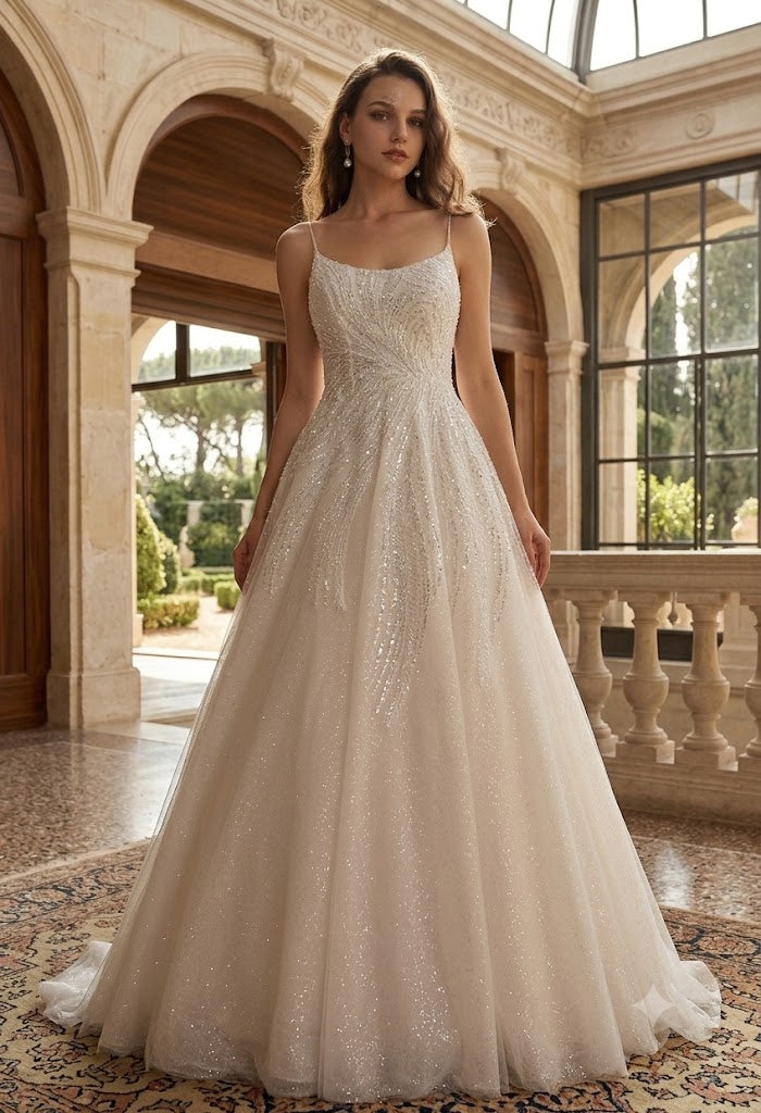 Abito da sposa modello Astrid principessa in tulle glitterato panna - vista frontale in giardino