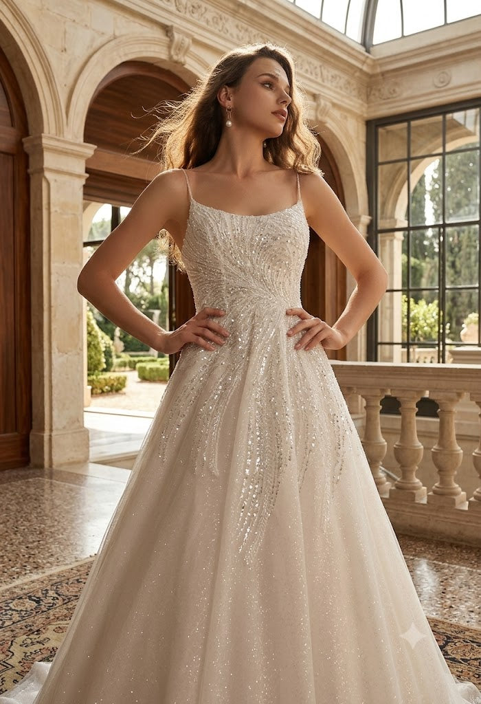 Abito da sposa modello Astrid - dettaglio bustino con ramage in pizzo glitterato