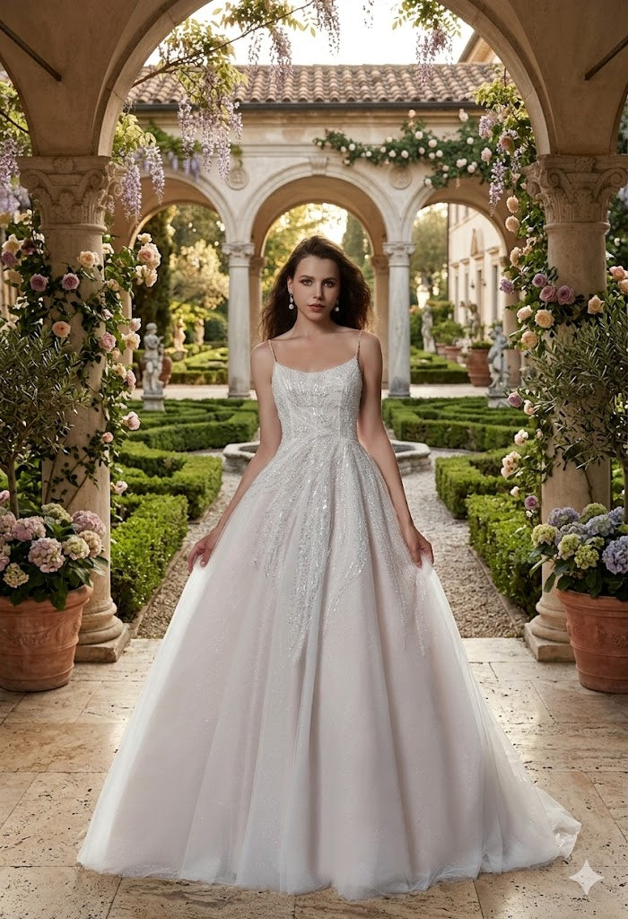 Abito da sposa modello Astrid - vista intera con strascico in tulle glitterato