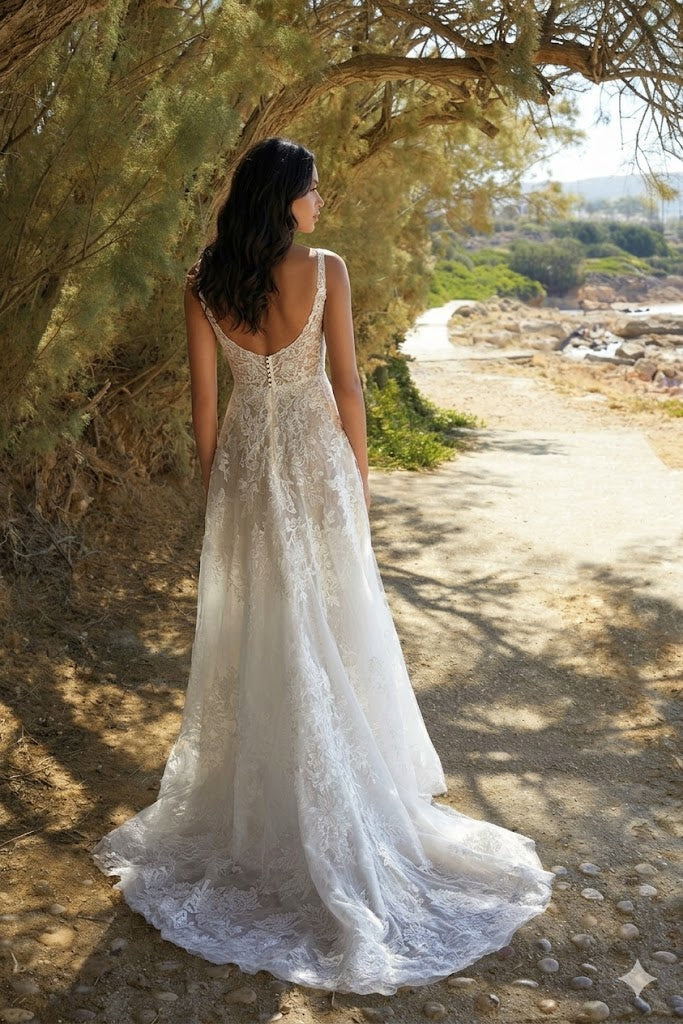 Abito da sposa modello Renée in pizzo avorio con strascico - vista frontale