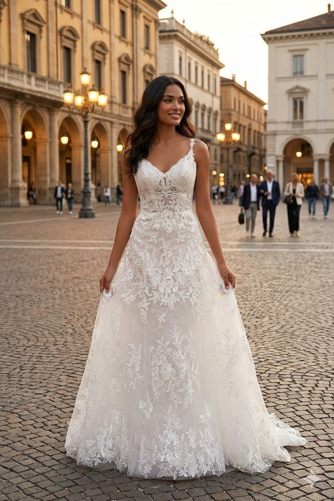 Abito da sposa modello Renée in pizzo avorio con strascico - vista posteriore