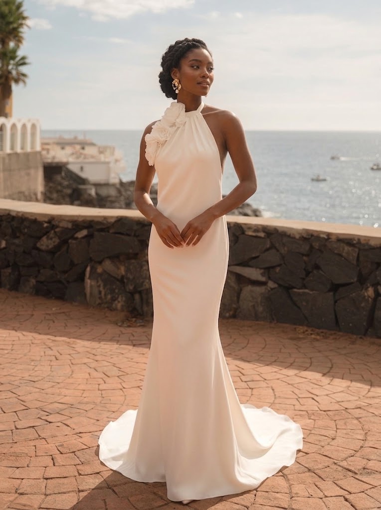 Abito da sposa modello Perla in crepè avorio mezza sirena con scollo all'americana e fiori staccabili